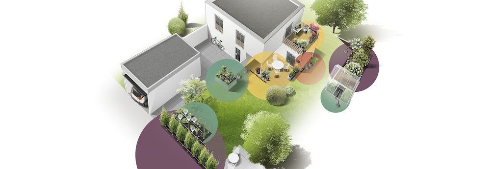 Schemagrafik eines Hauses mit Grundstück, das verschiedene Einsatzmöglichkeiten für das GARDENA Micro-Drip-System zeigt